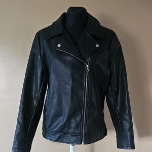ana Black Faux Leather Zippered Moto Jacket Women's Size Large
